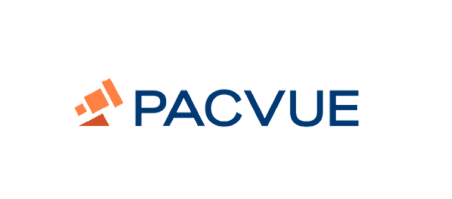 The image features the word PACVUE in bold blue capital letters on a light background. To the left of the text is an orange megaphone-style graphic symbol. The overall design is clean and minimal, emphasizing the company name and icon. The color palette is primarily blue and orange against a pale backdrop.